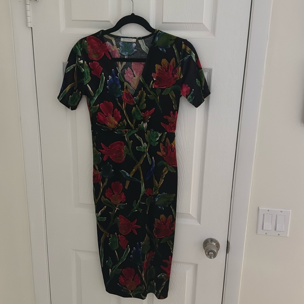 Zara Trafaluc Velvet Floral Midi Dress Size M